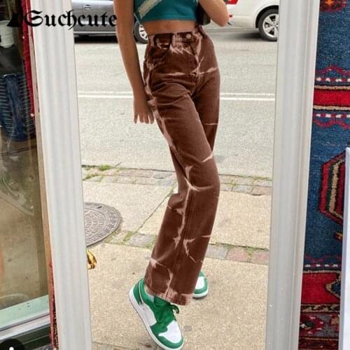 SUCHCUTE Tie Dye Print Straight Pants For Women High Waist Denim Trousers Streetwear Fashion Korean Style Aesthetic Jeans Pants
