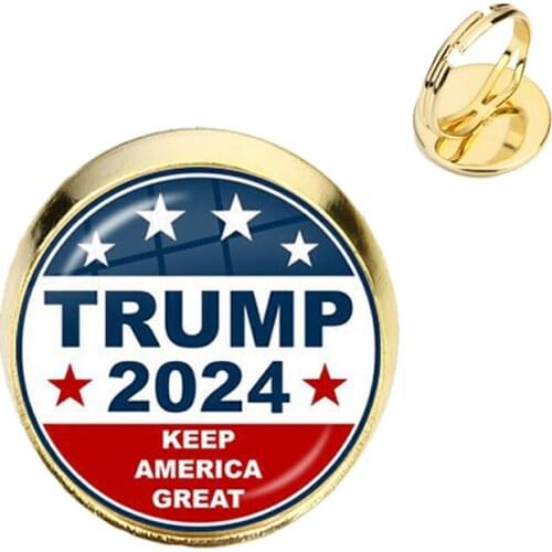 Trump 2024 Glass Cabochon Rings USA Election Collection Keep America Great Golden Plated Rings For Women Men Support Trump Gift