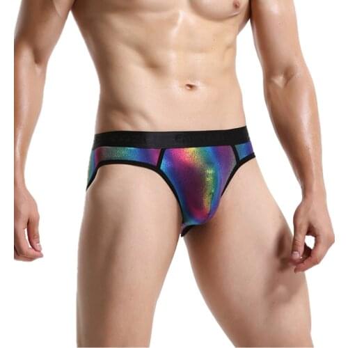 Men Briefs Shiny Rainbow Striped Underwear Sexy Tanga Male Penis Pouch Briefs Breathable Gay Panties Bikini Underpants