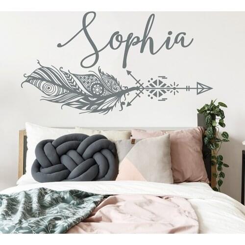 Girl Custom name wall decal feather decal Vinyl boho arrow Wall Stickers nursery Home girl room decor Removable Wallpaper X854