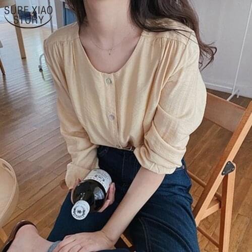 Korean Sweet Light Yellow Blouse Women Simple Solid Color Wild Puff Long Sleeve Womens Shirt Office Lady Top Blusas Mujer 11192