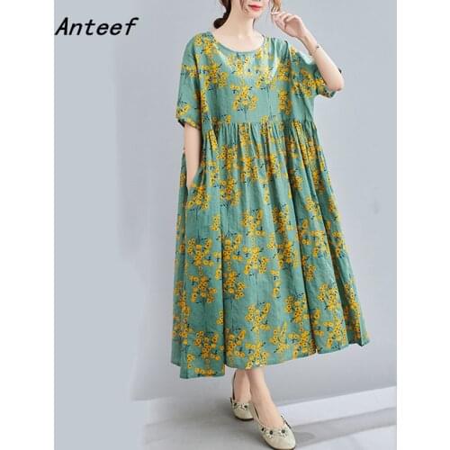 Short sleeve cotton vintage floral dresses for women casual loose long summer sun dress elegant clothes 2021 sundress