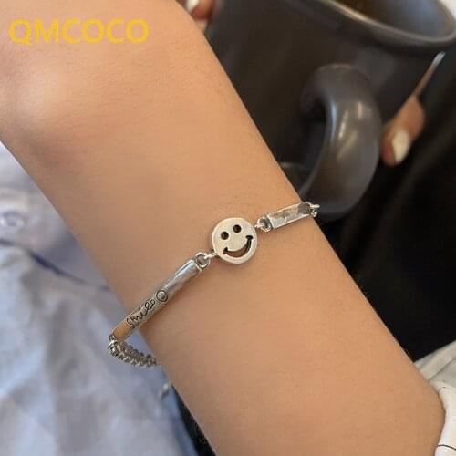 QMCOCO 925 Silver Smile Face Charms Bracelet For Women INS Fashion Vintage Handmade Bracelet For Woman Jewelry Accessories