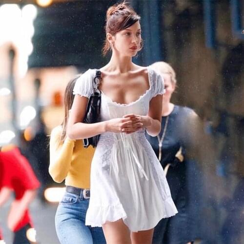 2021 Summer White Embroidered Lace-up Dress Womens Ruffled Retro Beach Dress Womens Puff Sleeve Hollow Tulle Ladies Dress New