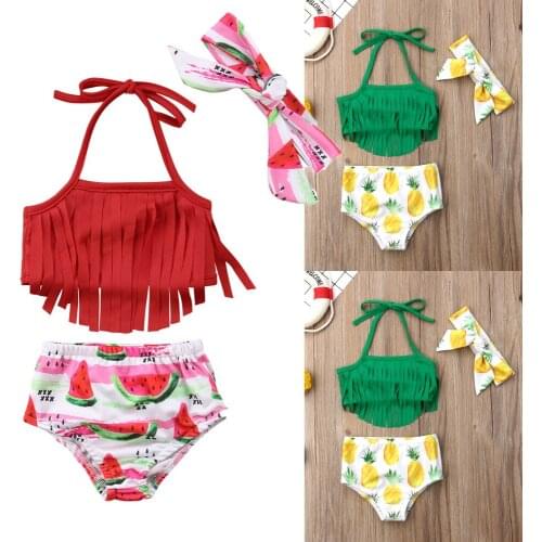 Toddler Kids Baby Girl Watermelon Print 3Pcs Sunsuit Beachwear Girls Summer Tassels Bikini Set Romper Bottoms Crop Top Clothes