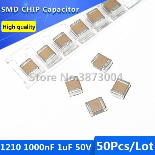 50pcs 1210 1000nF 1uF 50V 10% Thick Film Chip Multilayer Ceramic Capacitor