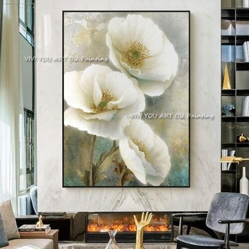 White Flower Abstract Oil Painting on Canvas 100% Handmade Canvas Painting Cuadros Wall Art Picture for Living Room Decor