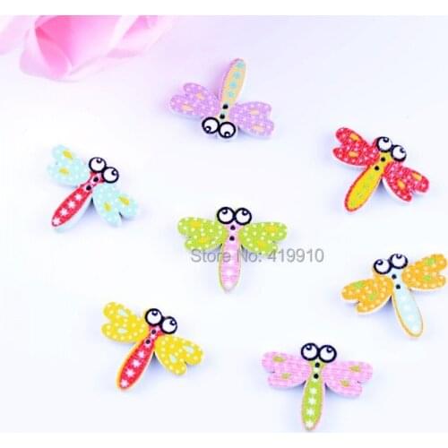 Free shipping -100pcs Random Mixed 2 Holes Pattern Cartoons Dragonfly Animals Wood Sewing Buttons Scrapbooking 20x25mm J1602