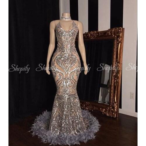 Long Prom Dresses 2020 Glittery Mermaid Sparkly Silver Sequin Black Girl African Feather Prom Dress