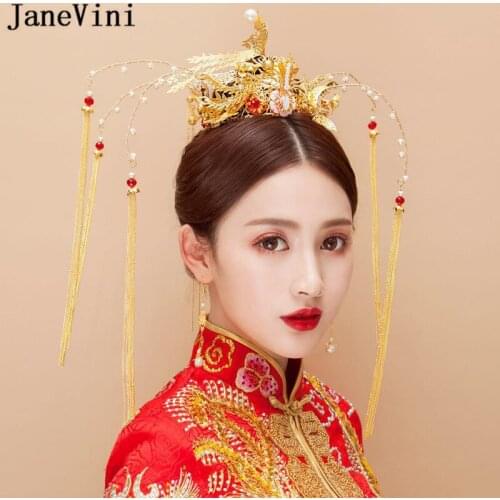 JaneVini 2018 Luxurious Chinese Style Phoenix Bridal Hairpin Tassel Crown Vintage Gold Women Headbands Wedding Hair Accessories