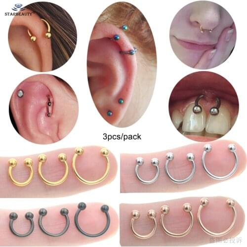 Starbeauty 3pcs 6/8/10mm C Nostril Ear Helix Piercing Labret Nose Ring Tooth Nipple Tragus Piercing Cartilage Fake Earrings Cuff