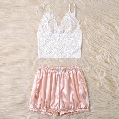 Womens Sleepwear Set Sexy Lace Fashion Summer Corset Silk Sling Free Wire Solid Underwear Top+Shorts Nightwear ensemble sexy 00