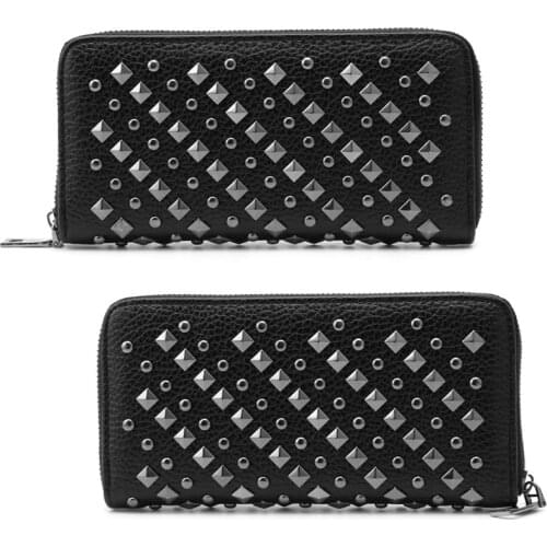 THINKTHENDO Fashion Women Punk Faux Leather Clutch Wallet Rivet Holder Purse Handbag Zipper