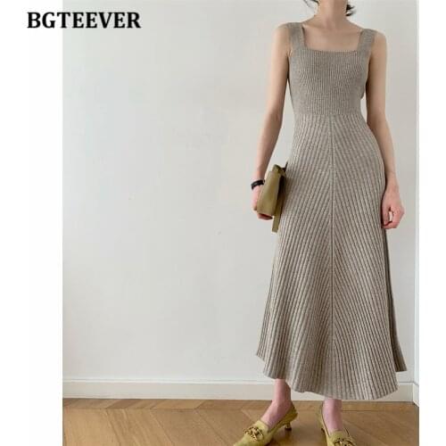 BGTEEVER New Autumn Women Dress 2021 Casual Elegant Sleeveless Slim Waist Female Sweater Dress Midi Knitted Ladies Vestidos