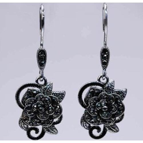 New Luxury Vintage Black Flower Crystal Design Earrings for Women Party Jewelry Accessories Korean Fashion