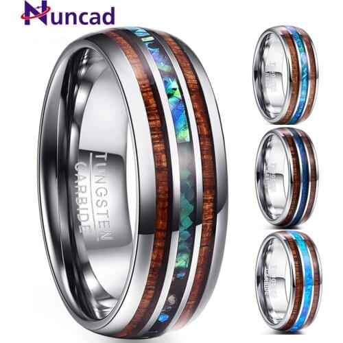 Nuncad 8mm Hawaiian Koa Wood and Abalone Shell Tungsten Carbide Rings Wedding Bands for Men Comfort Fit Size 5-14
