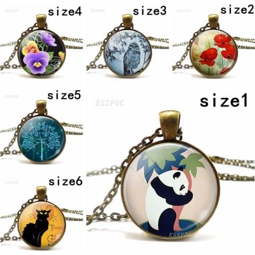 Panda Owl Pansies Fireflies Cat Animal Art Necklace Fahsion Literary Glass Jewelry Pendant Gift for Man or Women