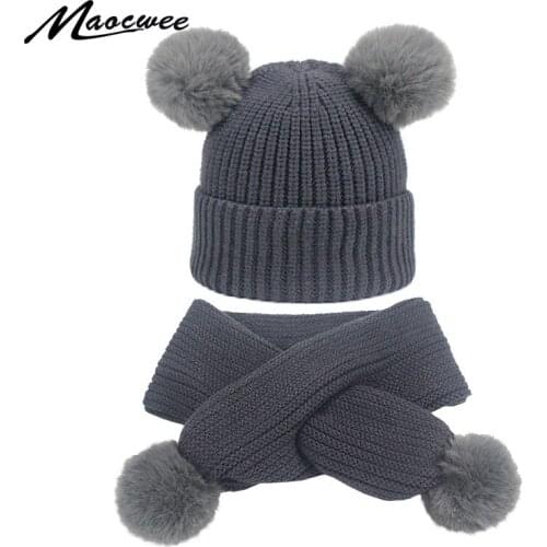 Girls Boys Pompon Hats and Scarves Sets Winter Knitted Warm Scarf Thick Beanies Hats Caps Kids Baby Cute Solid Color Sarf Beanie