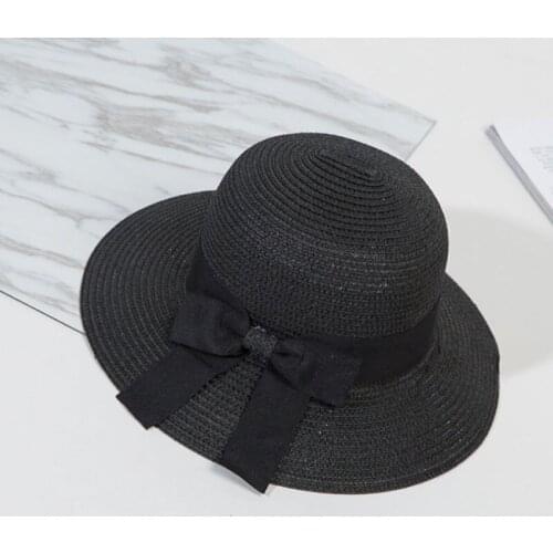 1Pcs Summer New Womens Sun Hat Black Bowknot Ribbon Flanging Straw Hat Beach Caps Head Circumference 56-58 cm 4 Colors