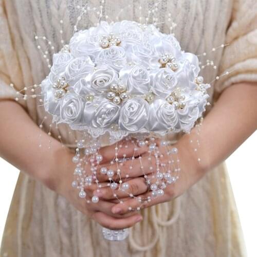 Ivory Wedding Bouquets 2020 Pearls Beaded Bridal Bouquet Bridesmaid Holder With Ribbon Rose Flowers Bouquets