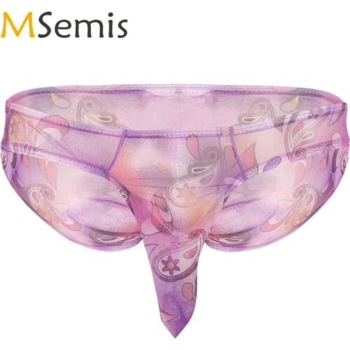 Mens Lingerie Retro Bohemian Printed Transparent Mesh Panties Sexy Closed Penis Sheath Slips Knickers Gay Sissy Briefs Underwear