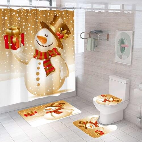 Snowman Shower Curtain Merry Christmas Polyester Bathroom Curtains Anti-skid Bath Rugs Carpet Toilet Lid Cover Mat Set