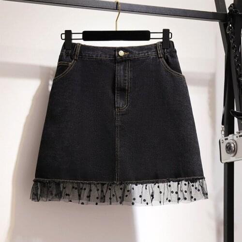 Dot Mesh Patchwork Women Denim Skirts Casual Summer Elastic High Waist Skirts Thin A-line Mini Skirt T60083