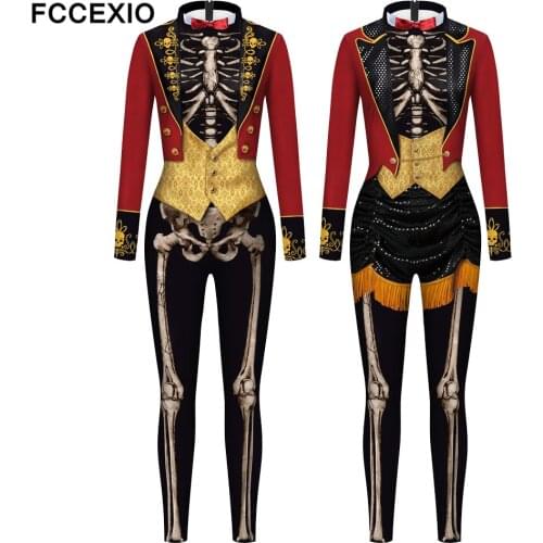 FCCEXIO Women/Men Skull Skeleton Printed Scary jumpsuit Halloween Party Cosplay Costume Bodysuit Adults Fitness Onesie Outfits