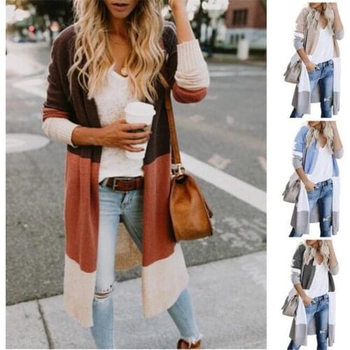 2020 Spring Women Sweater Striped Color Block Draped Loose Cardigan Long Sleeve Casual Knit Sweater Coat Female Plus Size 2XL
