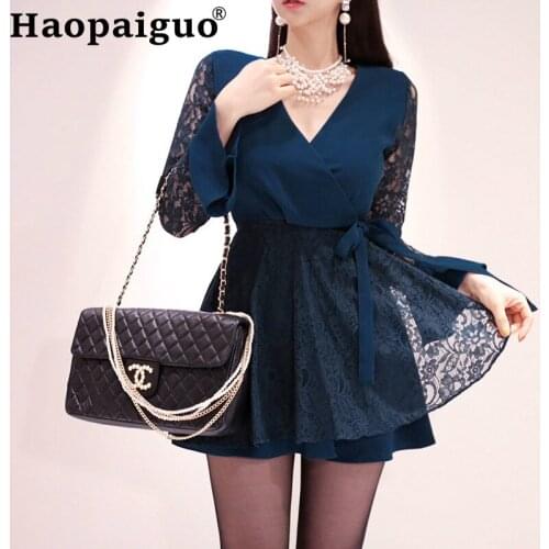 Korean Style Fall Clothes A-Line Mini Ladies Dress Autumn Flare Sleeve Corset Solid Lace Dress Women Streetwear Vintage Dresses