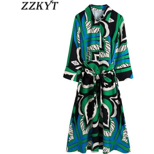 ZZKYT 2021 Women Autumn Vintage Print Bow Tie Sashes Midi Dress Fashion Lapel Collar Long Sleeve Button Female Casual Dresses