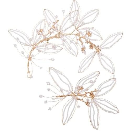 2Pcs/Set Fashion Gold Flower Wedding Headband Handmade Beading Headpiece Vintage Bridal Tiaras Hair Accessories For Weddings