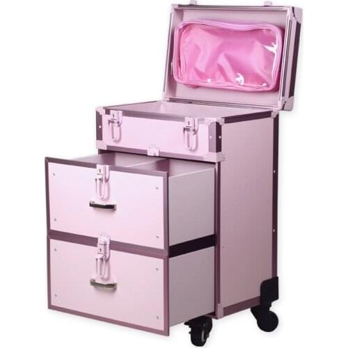 Aluminum PVC Makeup Box with Trolley Professional munsu Beauty Case ith drawbars universal Wheels