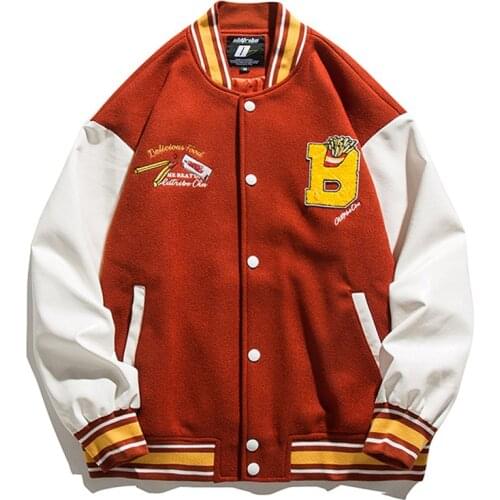 Three-Color Baseball Uniform Fries Embroidery Jacket Womens Men Coat Unisex Couple Varsity Bomber Boyfiend Style Men Clothing