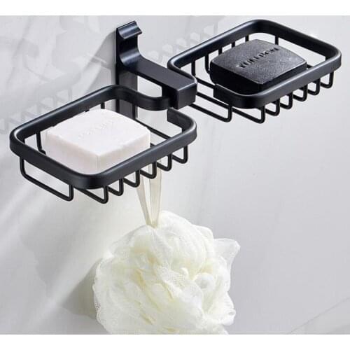 Black Punch free Soap Shampoo Holder Bathroom Shelf with Hooks Wall Mounted Soap Space Aluminum Rack Soap Case Box