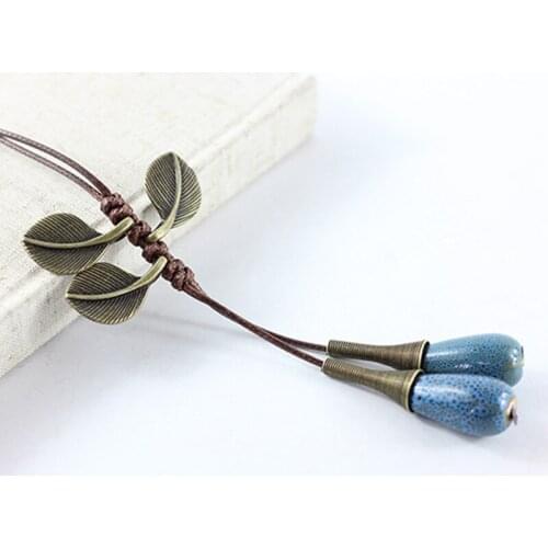 Leaf Necklaces Ceramic Long Tassel Beads Water Drop Pendants Charm Retro Choker Rope Chain Leaves Pendant Women Sweater Jewelry