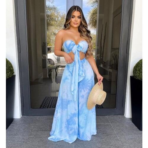 Wsevypo Boho Tie Dyed Bandeau Two-piece Pants Sets Summer Women Beach Suits Bow Tied Strapless Bra+High Waist Wide Leg Pants