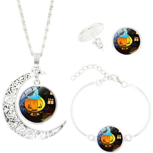 Silver Plated Jewelry Set with Glass Cabochon Pumpkin Shaped Moon Necklace Earring&Bracelet Set for Women Party