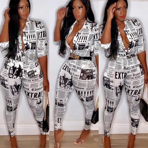 Echoine Letter Peint News Paper Print Shirt Pants Set Two Piece Set Casual Party Night Club Outfits Button V-neck Shirt Suit