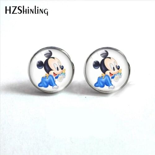12mm baby Mickey Mouse Minnie Donald Duck Round Stud Glass Earrings Sweet Ear Accessories for Girls Gifts