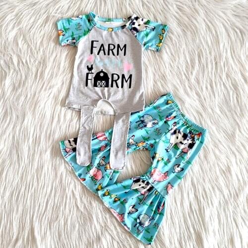 Cute children summer fall outfit girls fashion shirt and bell pants 2pcs with bow girl farm outfit