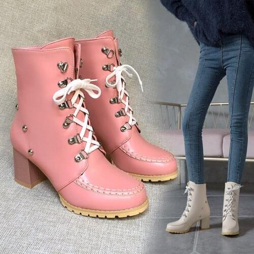 YQBTDL Fashion Sweet Lace Up Winter Boots Block High Heels Sewing White Black Pink Studded Biker Ankle Motorcycle Boots Shoes 43