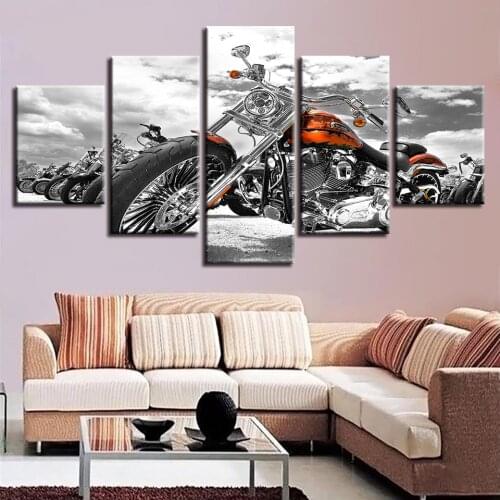 5Pcs Black White Motorcycle Modular Posters Oil Paintings Wall Art Canvas HD Printed Pictures For Living Room Modern Home Decor