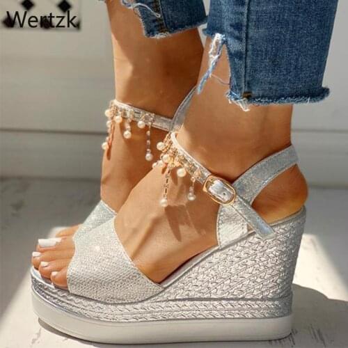 New Women Wedge Sandals Summer Bead Studded Detail Platform Sandals Buckle Strap Peep Toe Thick Bottom Casual Shoes Ladies B436