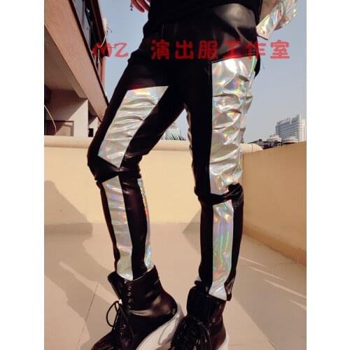 New ! Free Shipping Mens Fashion Stage Design Black Colorful Laser Colorant Match Leather Pants Costumes / S-xl