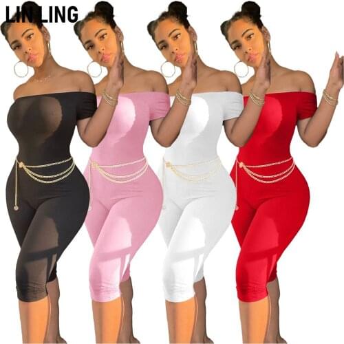 LINLING Solid Long Jumpsuit Slim Flat Shoulder Short Sleeve Fitness Workwear Fashion Basic Jumpsuit (including Accessories)