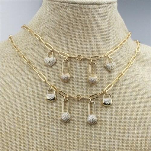 16inch 5pcs/lot New design cz necklace,unique heart/lock shape cubic zircon jewelry,popular copper necklace cheap wholesale