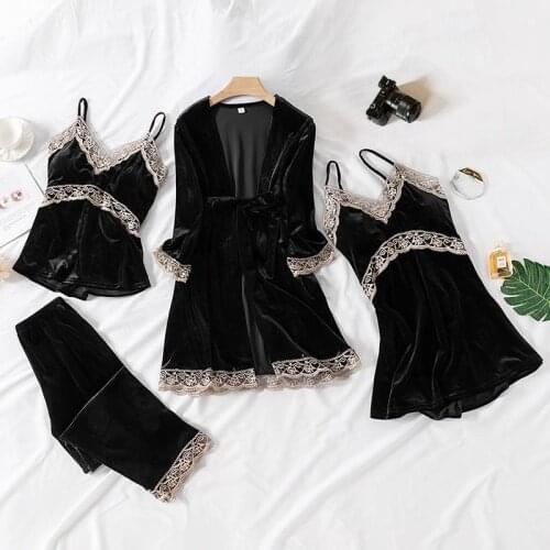 Home Clothing New Velvet Pajama Women Velour Pijamas Autumn Winter Sleepwear Suspender Strap Nightgown&Long Sleeve Pants