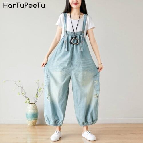 Casual Jeans Jumpsuit Women Wide Leg Denim Bib Pants Ripped Plus Size Loose Overalls with 5 Loops Vintage Washed Pocket Backless