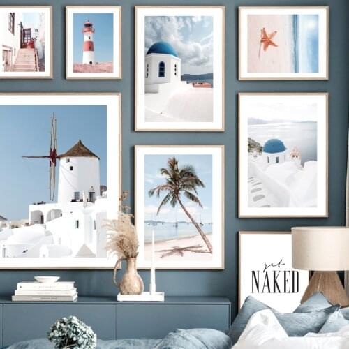 Santorini Aegean Sea Beach Coconut Tree Lighthouse Wall Art Print Canvas Painting Nordic Poster Decor Pictures For Living Room